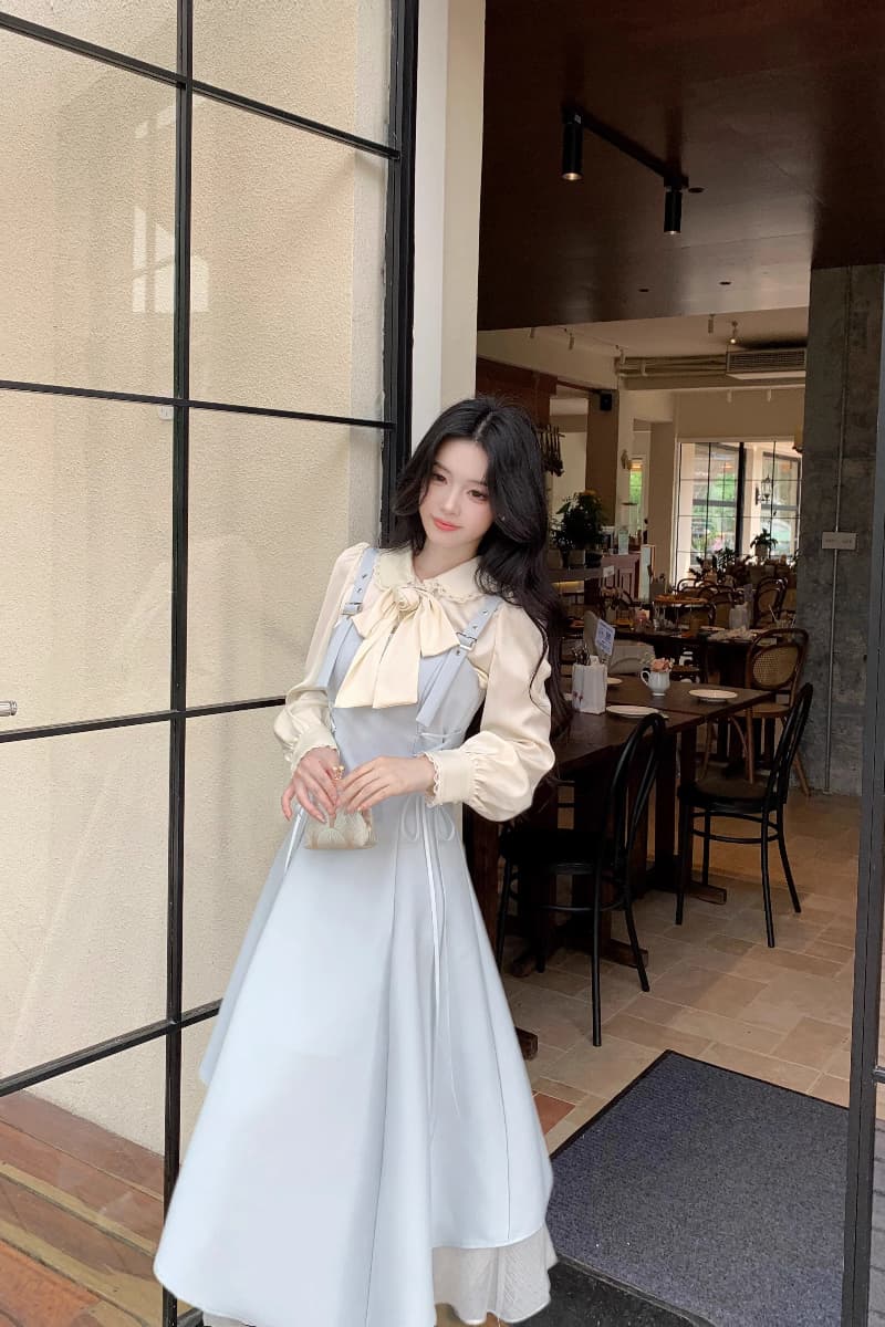 품격 파란색 불규칙 비스듬한 자르다 패치워크 스트랩 허리 수축 멜빵 드레스 패션 다용도 직업 신청 계절 작은 대중 섹션 상세 이미지 19