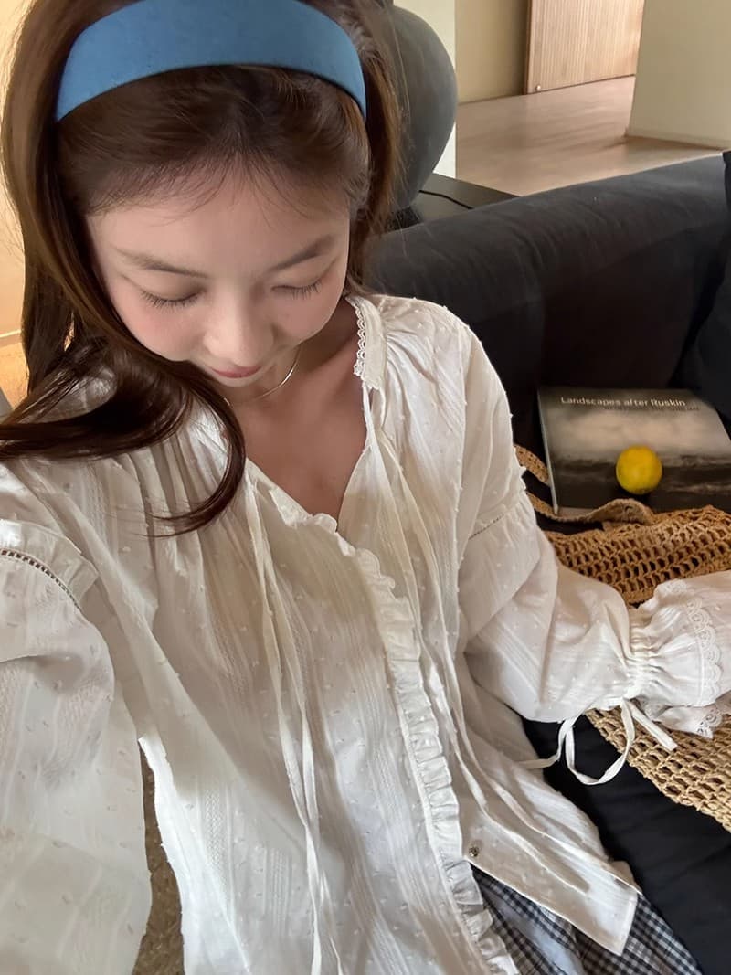 경관 그림 2026 집시 소녀 레이스 조각 프릴 자카드 셔츠 레이스업 나팔 소매 자외선 차단 맨위 상세 이미지 3