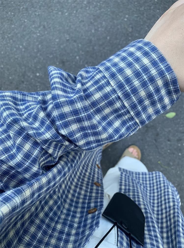 레트로 작은 대중 파란색 긴팔 체크무늬 여성 셔츠 느긋한 바람 캐주얼 체크무늬 루즈핏 외부 가져 가라. 셔츠 상세 이미지 5