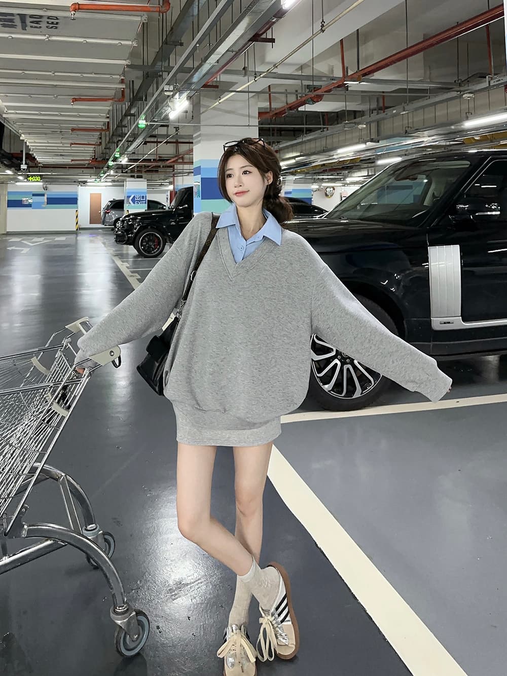 2026 페이크 레이어드 후드티 반신 스커트 투피스 세트 아메리칸 느긋한 디자인 패치워크 셔츠 칼라 슬림해 보이는 세트 상세 이미지 14