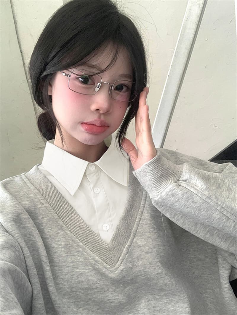2026 페이크 레이어드 후드티 반신 스커트 투피스 세트 아메리칸 느긋한 디자인 패치워크 셔츠 칼라 슬림해 보이는 세트 상세 이미지 21