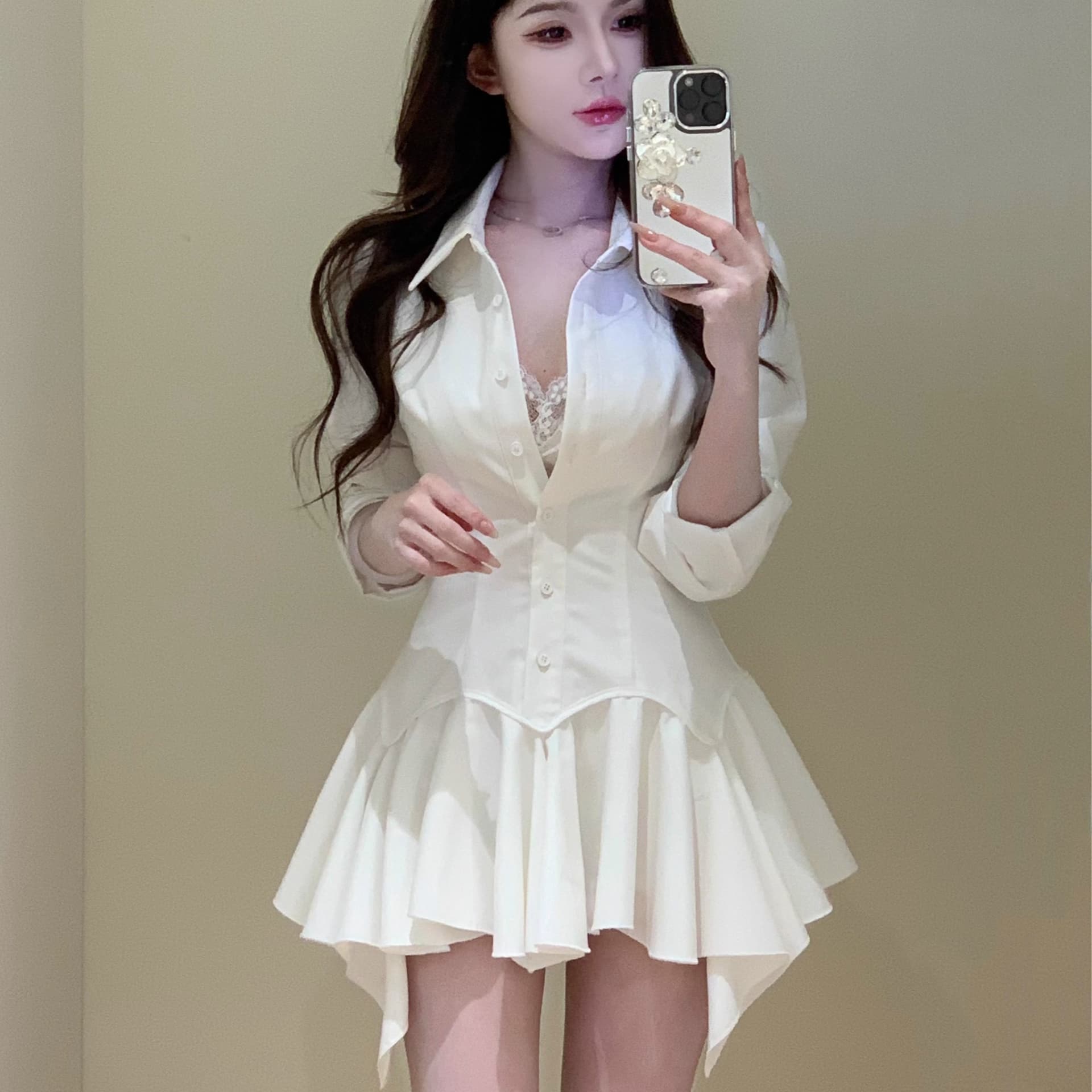 순수한 욕망 바람 핫걸 싱글 줄 버튼 셔츠 여성 드레스 봄 새로운 고유 한 Chic 허리 수축 슬림해 보이는 품격 미니 스커트 이미지 5
