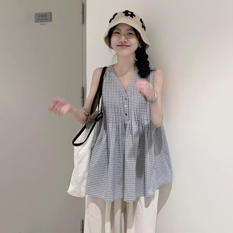 컬러 짜임 천 파란색 체크무늬 민소매 V넥 조끼 작은 맨위 여성 여름 외출용 2026 새로운 여름 아름다운 ins 상세 이미지 2
