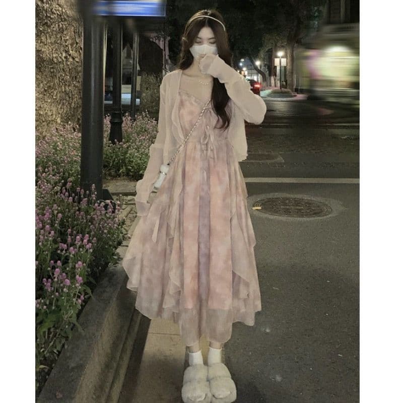 핑크색 꽃무늬 부드러운 바람 슬립 드레스 오픈 가디건 투피스 세트 작은 키 요정 드레스 봄 여름 드레스 치마 세트 상세 이미지 4