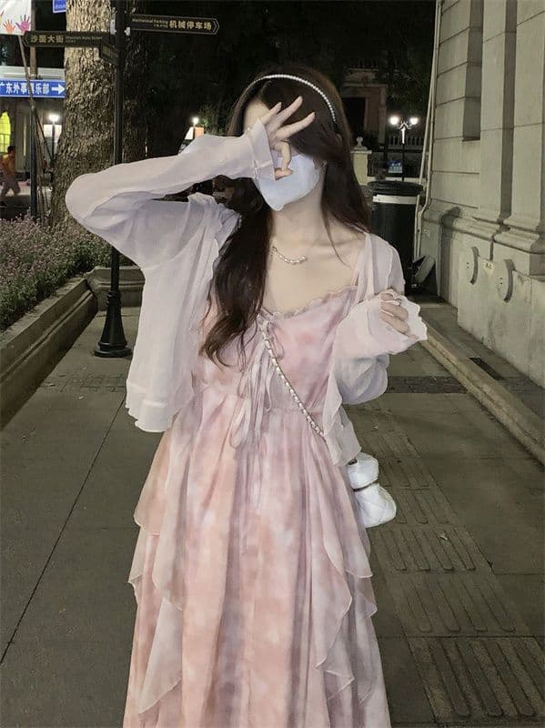 핑크색 꽃무늬 부드러운 바람 슬립 드레스 오픈 가디건 투피스 세트 작은 키 요정 드레스 봄 여름 드레스 치마 세트 상세 이미지 7