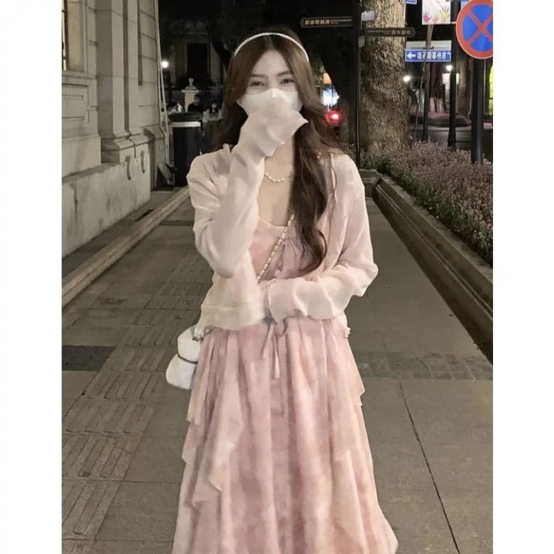 핑크색 꽃무늬 부드러운 바람 슬립 드레스 오픈 가디건 투피스 세트 작은 키 요정 드레스 봄 여름 드레스 치마 세트 상세 이미지 8