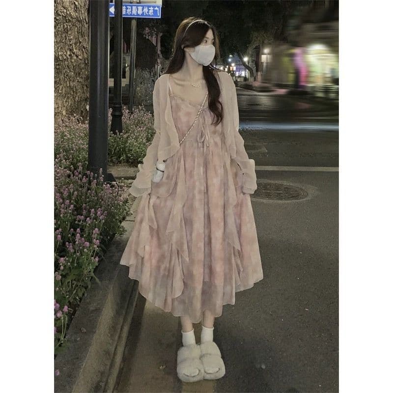 핑크색 꽃무늬 부드러운 바람 슬립 드레스 오픈 가디건 투피스 세트 작은 키 요정 드레스 봄 여름 드레스 치마 세트 상세 이미지 9