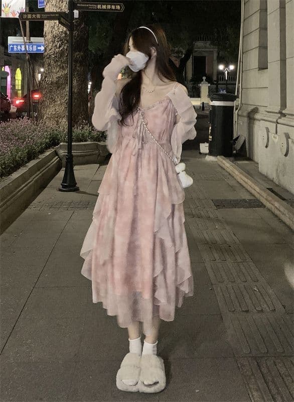 핑크색 꽃무늬 부드러운 바람 슬립 드레스 오픈 가디건 투피스 세트 작은 키 요정 드레스 봄 여름 드레스 치마 세트 상세 이미지 10