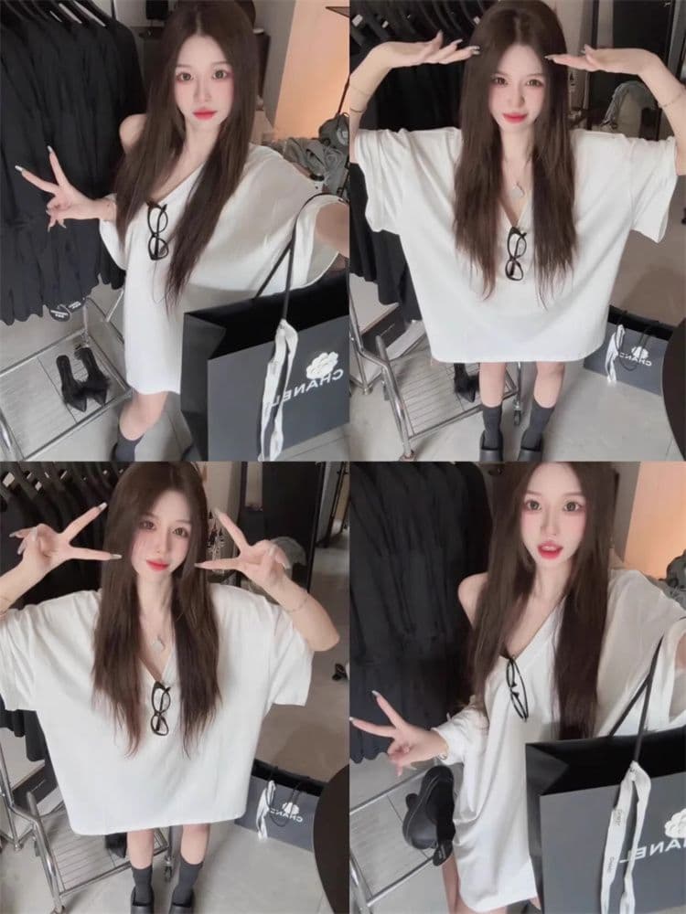 한 부서 2026 여름 새로운 홍콩 느낌 다용도 V넥 티셔츠 여성용 짧은 소매 롱 코트 루즈핏 대 에디션 oversize 맨위 상세 이미지 3