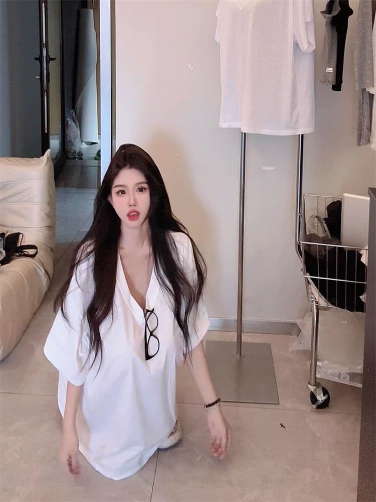 한 부서 2026 여름 새로운 홍콩 느낌 다용도 V넥 티셔츠 여성용 짧은 소매 롱 코트 루즈핏 대 에디션 oversize 맨위 상세 이미지 6