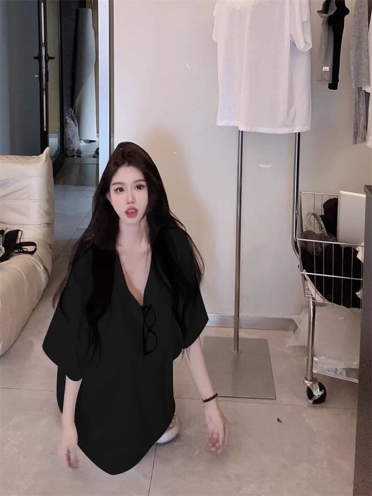 한 부서 2026 여름 새로운 홍콩 느낌 다용도 V넥 티셔츠 여성용 짧은 소매 롱 코트 루즈핏 대 에디션 oversize 맨위 상세 이미지 7