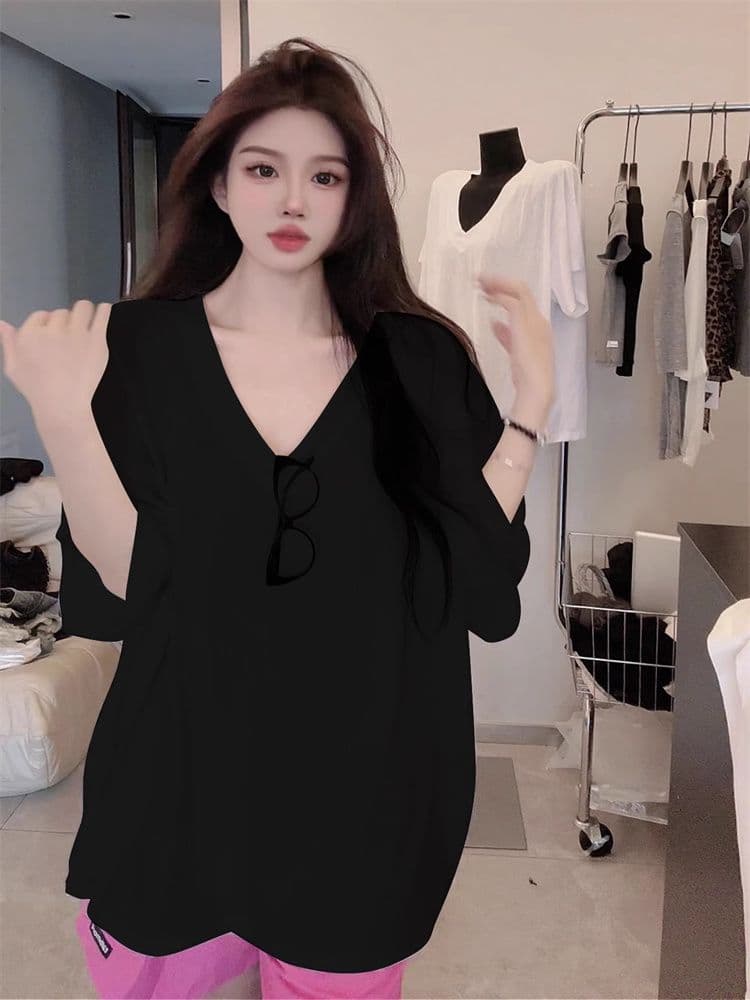한 부서 2026 여름 새로운 홍콩 느낌 다용도 V넥 티셔츠 여성용 짧은 소매 롱 코트 루즈핏 대 에디션 oversize 맨위 상세 이미지 10