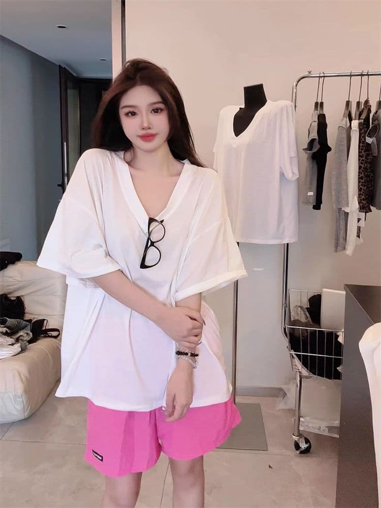 한 부서 2026 여름 새로운 홍콩 느낌 다용도 V넥 티셔츠 여성용 짧은 소매 롱 코트 루즈핏 대 에디션 oversize 맨위 상세 이미지 13