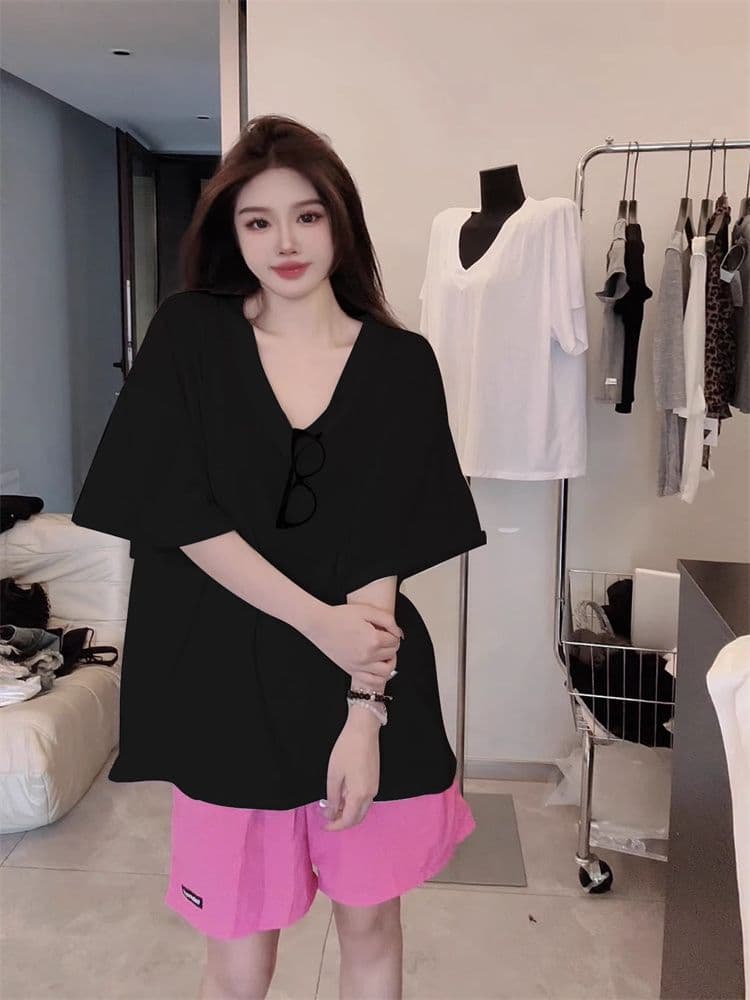 한 부서 2026 여름 새로운 홍콩 느낌 다용도 V넥 티셔츠 여성용 짧은 소매 롱 코트 루즈핏 대 에디션 oversize 맨위 상세 이미지 15