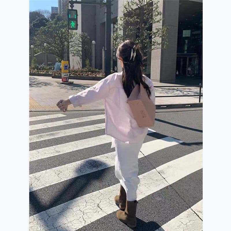 핑크색 스트라이프 여성 셔츠 봄 가을 새로운 한국 스타일 루즈핏 외국 가스 연령 감소 긴팔 셔츠 디자인 센스 작은 대중 맨위 이미지 4