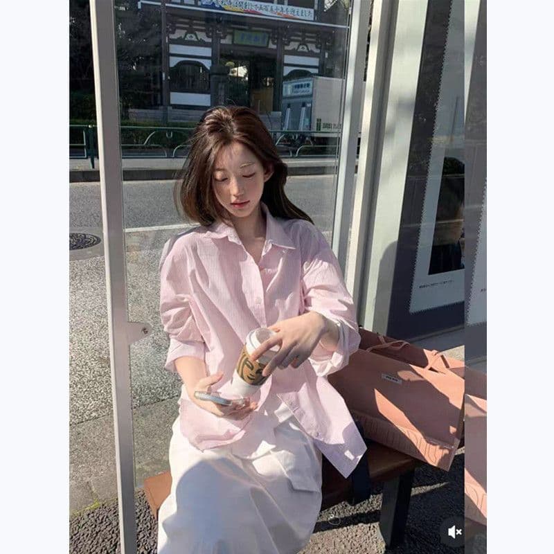 핑크색 스트라이프 여성 셔츠 봄 가을 새로운 한국 스타일 루즈핏 외국 가스 연령 감소 긴팔 셔츠 디자인 센스 작은 대중 맨위 이미지 2