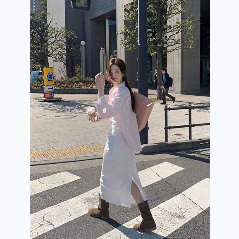 핑크색 스트라이프 여성 셔츠 봄 가을 새로운 한국 스타일 루즈핏 외국 가스 연령 감소 긴팔 셔츠 디자인 센스 작은 대중 맨위 이미지 3