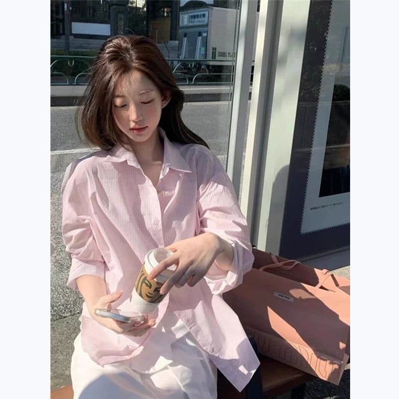핑크색 스트라이프 여성 셔츠 봄 가을 새로운 한국 스타일 루즈핏 외국 가스 연령 감소 긴팔 셔츠 디자인 센스 작은 대중 맨위