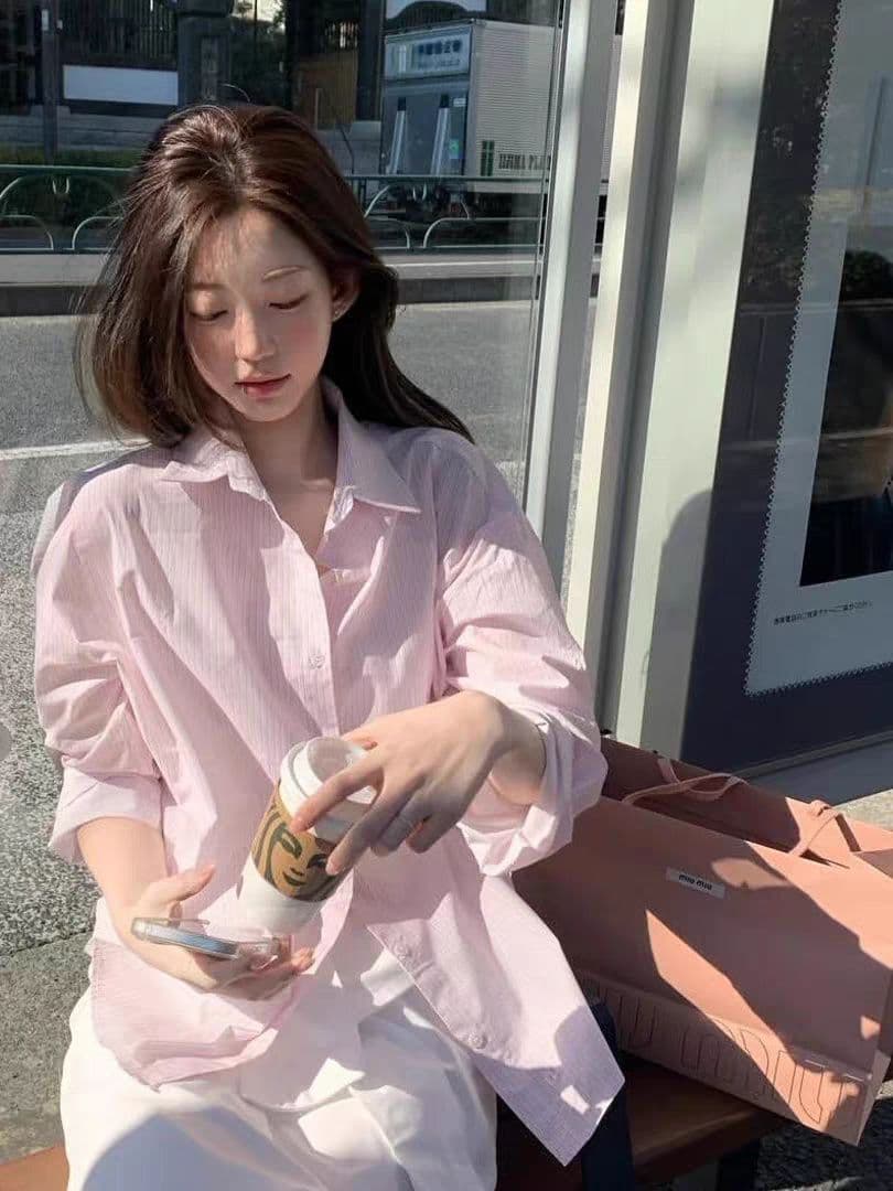 핑크색 스트라이프 여성 셔츠 봄 가을 새로운 한국 스타일 루즈핏 외국 가스 연령 감소 긴팔 셔츠 디자인 센스 작은 대중 맨위 상세 이미지 5