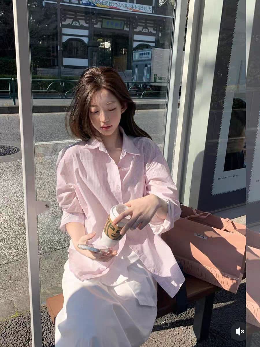 핑크색 스트라이프 여성 셔츠 봄 가을 새로운 한국 스타일 루즈핏 외국 가스 연령 감소 긴팔 셔츠 디자인 센스 작은 대중 맨위 상세 이미지 6