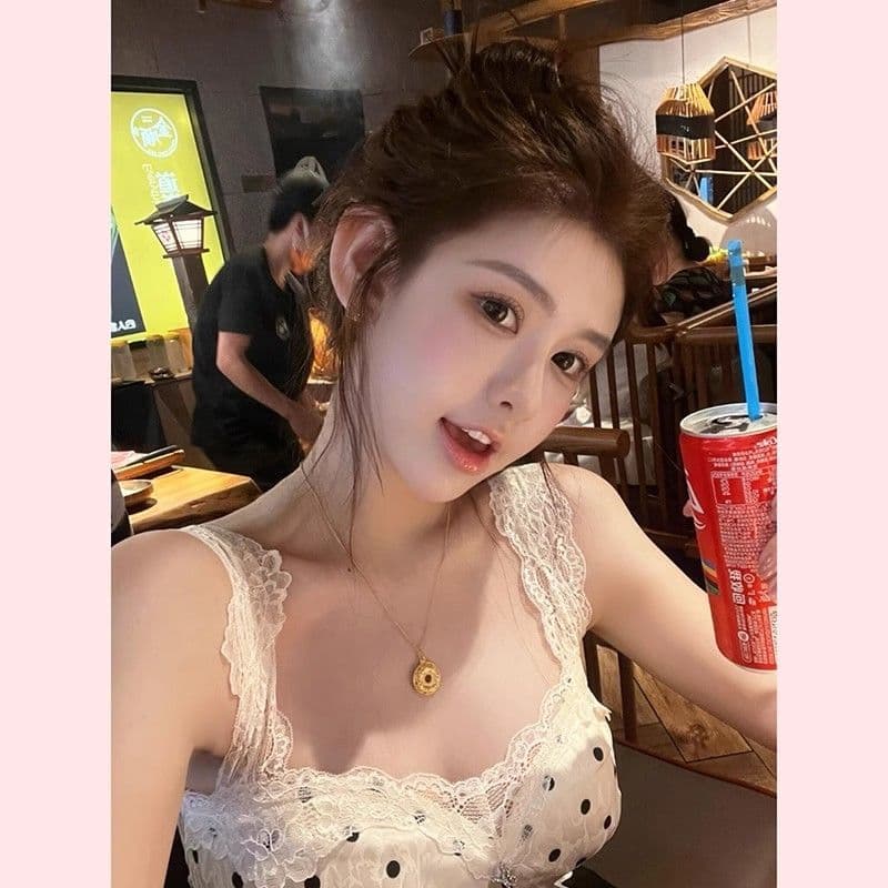 프랑스식 도트 무늬 레이스 조각 슬립 여성 여름 몸매 가꾸기 인사이드 가져 가라. 달콤한 핫걸 민소매 조끼 쇼트 스타일 작은 맨위 이미지 4
