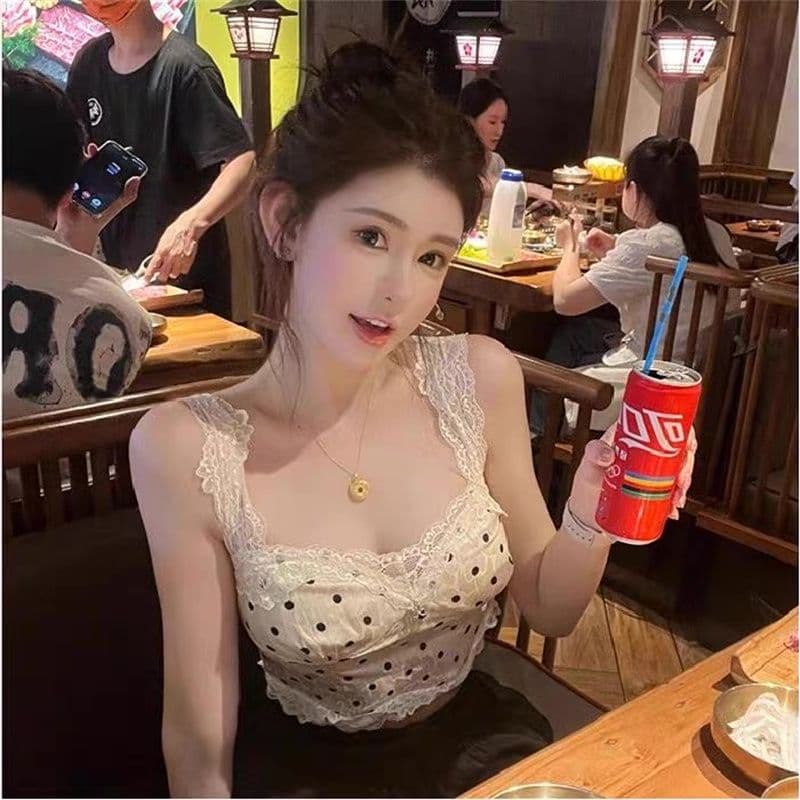 프랑스식 도트 무늬 레이스 조각 슬립 여성 여름 몸매 가꾸기 인사이드 가져 가라. 달콤한 핫걸 민소매 조끼 쇼트 스타일 작은 맨위 이미지 5