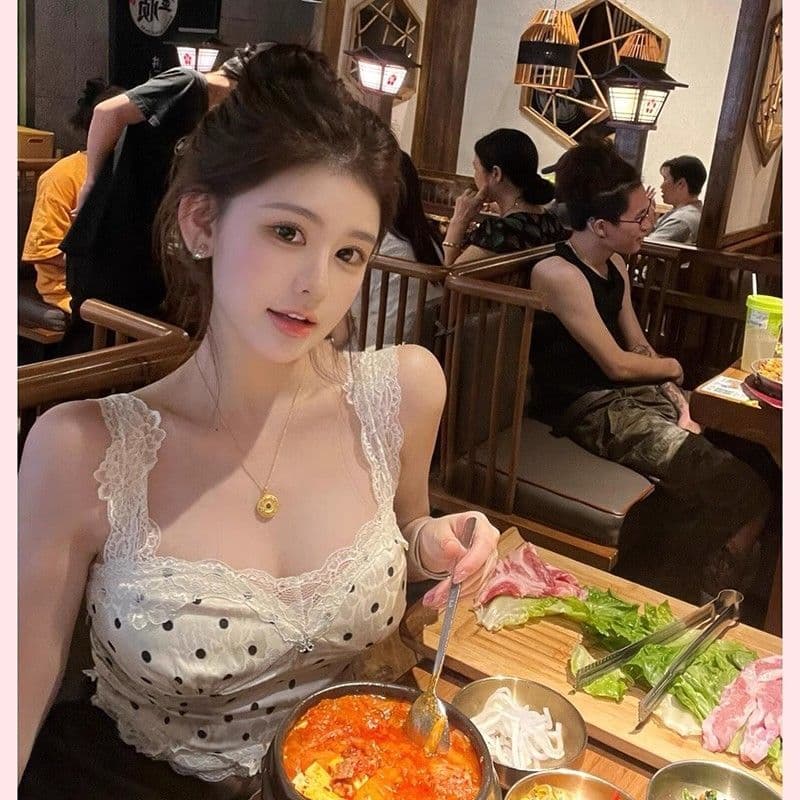 프랑스식 도트 무늬 레이스 조각 슬립 여성 여름 몸매 가꾸기 인사이드 가져 가라. 달콤한 핫걸 민소매 조끼 쇼트 스타일 작은 맨위 상세 이미지 8