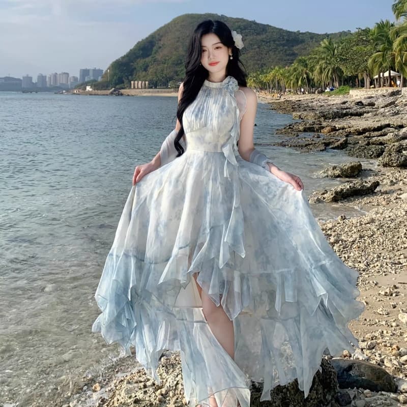 2026 여름 새로운 낭만주의 프린트 휴가 프릴 불규칙 진자 요정 행침 목 드레스 신선함 아름다운 이미지 3