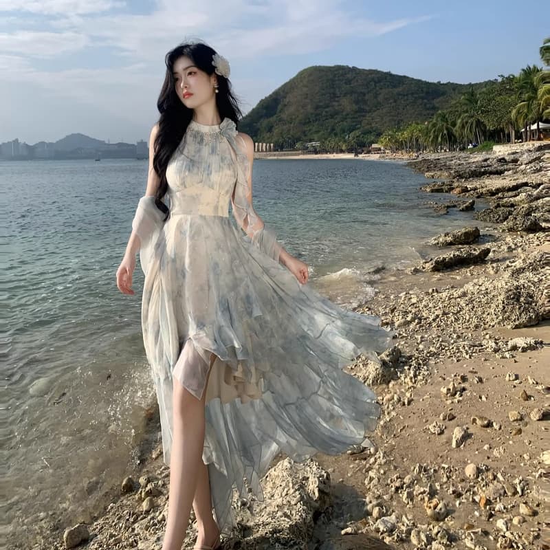 2026 여름 새로운 낭만주의 프린트 휴가 프릴 불규칙 진자 요정 행침 목 드레스 신선함 아름다운 상세 이미지 20