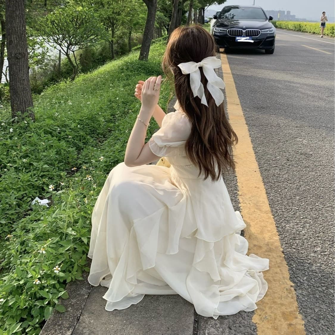 프랑스식 광장 칼라 달콤함 부드러운 요정 바람 여성 드레스 여름 새로운 여성 의류 허리 수축 슬림해 보이는 중간 길이 치마 이미지 5