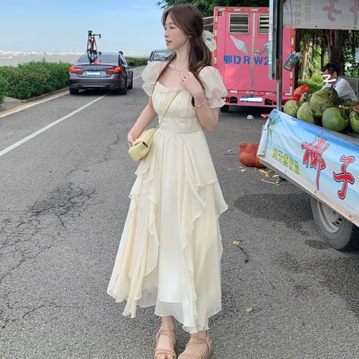 프랑스식 광장 칼라 달콤함 부드러운 요정 바람 여성 드레스 여름 새로운 여성 의류 허리 수축 슬림해 보이는 중간 길이 치마 상세 이미지 8