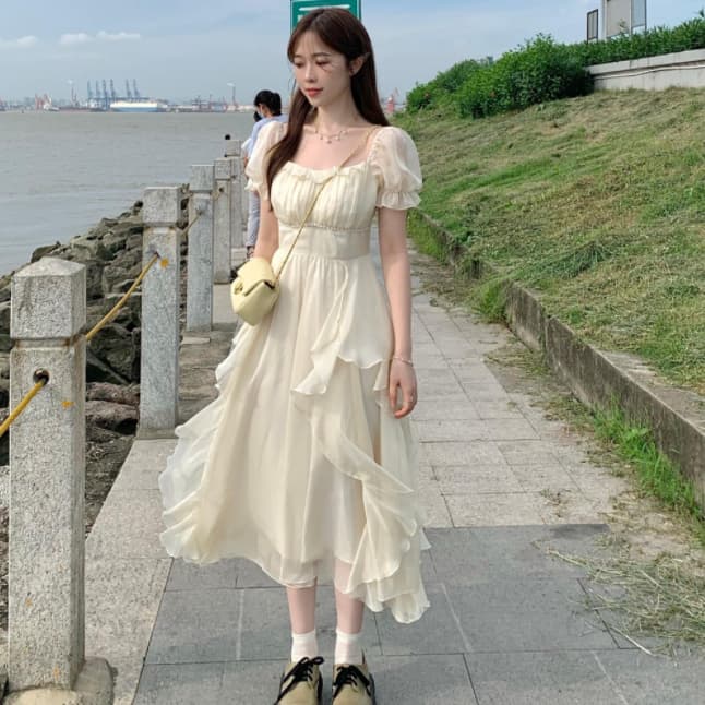 프랑스식 광장 칼라 달콤함 부드러운 요정 바람 여성 드레스 여름 새로운 여성 의류 허리 수축 슬림해 보이는 중간 길이 치마 상세 이미지 9