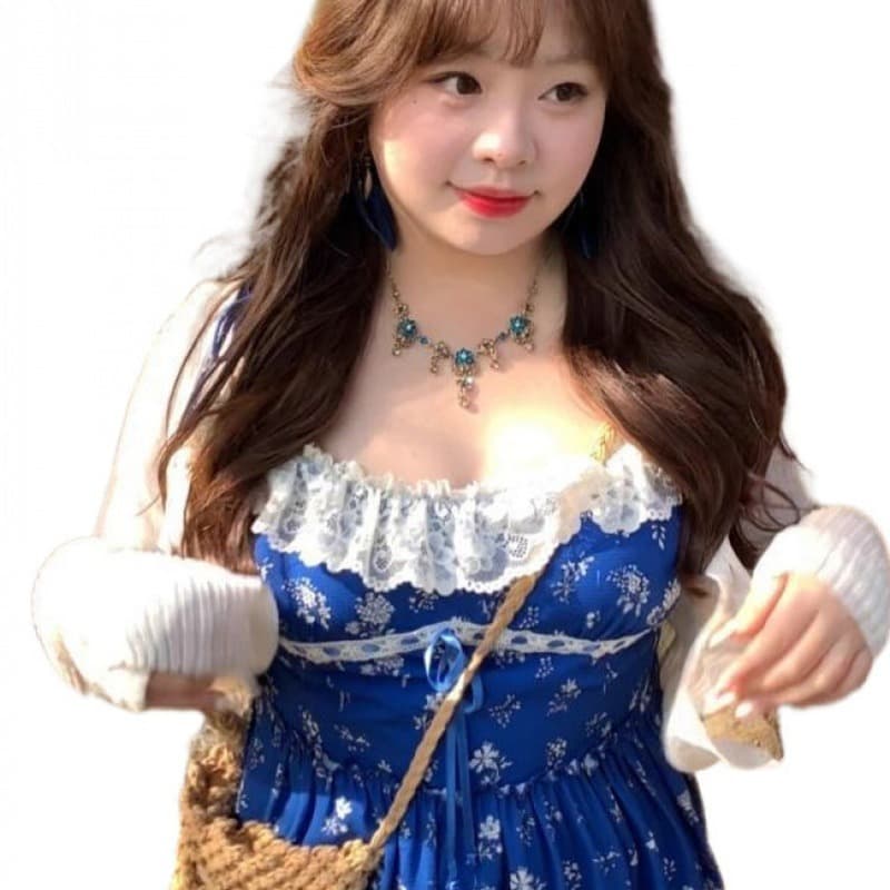 고급 센스 톰 글 래 원인 블루 꽃무늬 레이스 슬립 롱 스커트 빅 사이즈 지방 mm 프랑스식 휴가 바람 분위기 센스 드레스 이미지 5