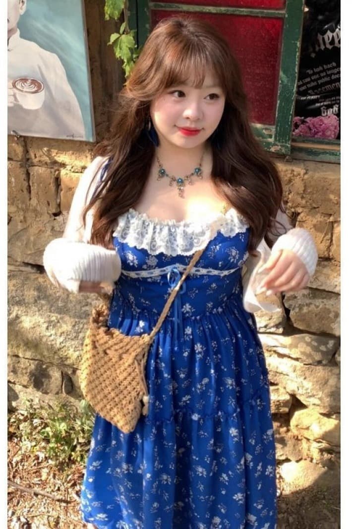 고급 센스 톰 글 래 원인 블루 꽃무늬 레이스 슬립 롱 스커트 빅 사이즈 지방 mm 프랑스식 휴가 바람 분위기 센스 드레스 이미지 6