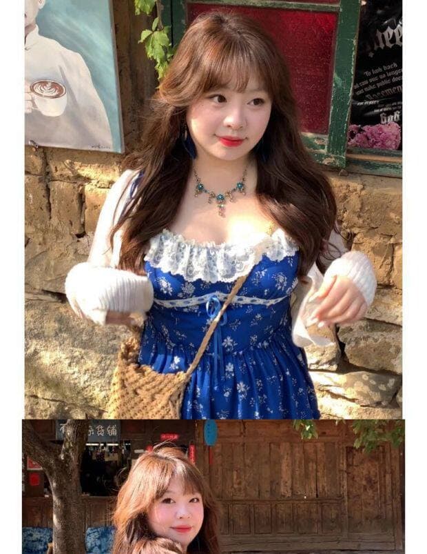 고급 센스 톰 글 래 원인 블루 꽃무늬 레이스 슬립 롱 스커트 빅 사이즈 지방 mm 프랑스식 휴가 바람 분위기 센스 드레스 상세 이미지 3