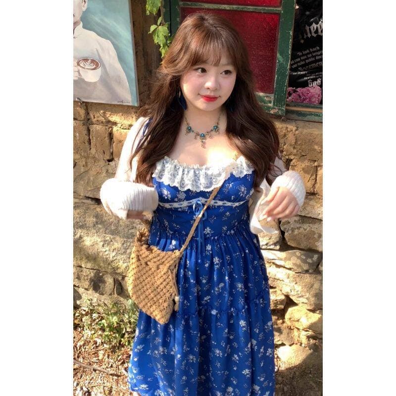 고급 센스 톰 글 래 원인 블루 꽃무늬 레이스 슬립 롱 스커트 빅 사이즈 지방 mm 프랑스식 휴가 바람 분위기 센스 드레스 상세 이미지 7
