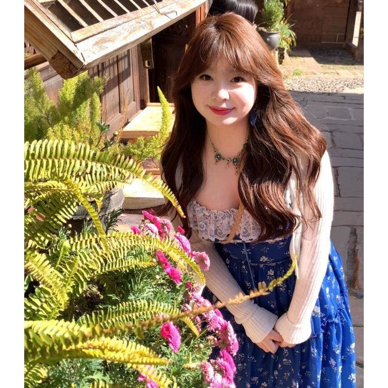 고급 센스 톰 글 래 원인 블루 꽃무늬 레이스 슬립 롱 스커트 빅 사이즈 지방 mm 프랑스식 휴가 바람 분위기 센스 드레스 상세 이미지 11