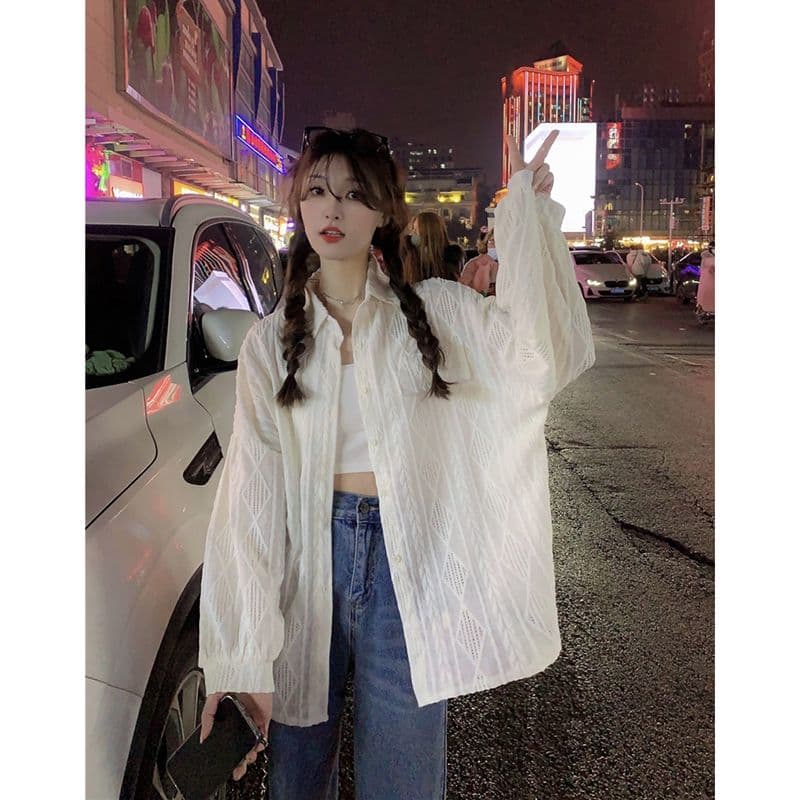 원본 품질 태양 보호 셔츠 여성 코트 봄 가을 새로운 홀로우 아웃 디자인 센스 루즈핏 중간 길이 셔츠 트렌디 의류 이미지 3