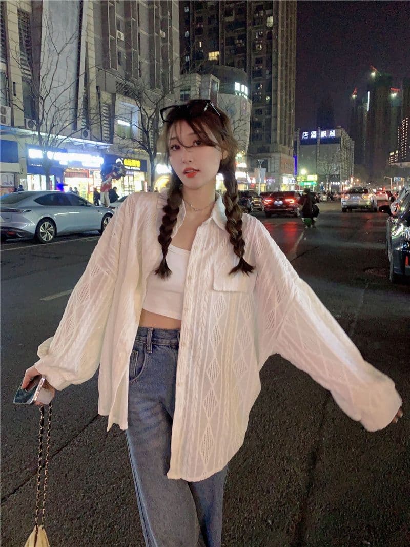 원본 품질 태양 보호 셔츠 여성 코트 봄 가을 새로운 홀로우 아웃 디자인 센스 루즈핏 중간 길이 셔츠 트렌디 의류 상세 이미지 13