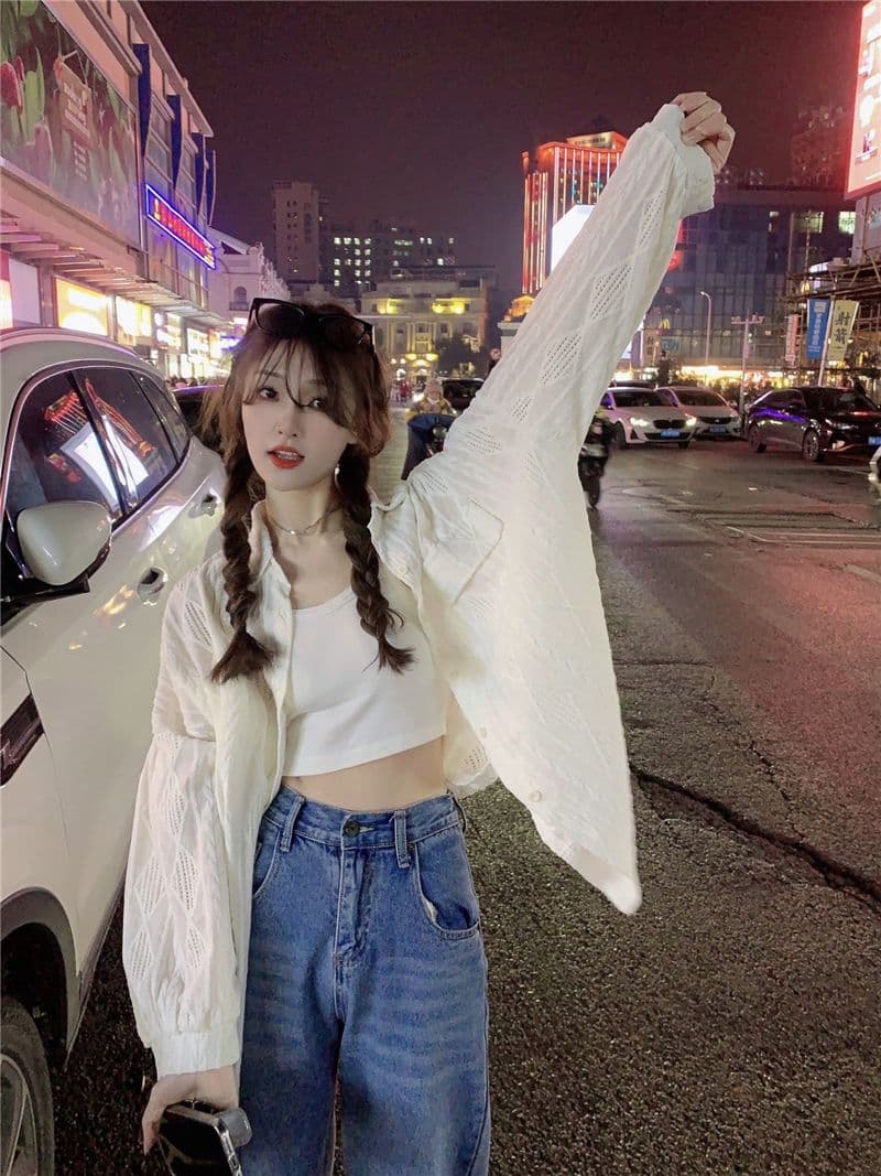 원본 품질 태양 보호 셔츠 여성 코트 봄 가을 새로운 홀로우 아웃 디자인 센스 루즈핏 중간 길이 셔츠 트렌디 의류 상세 이미지 18