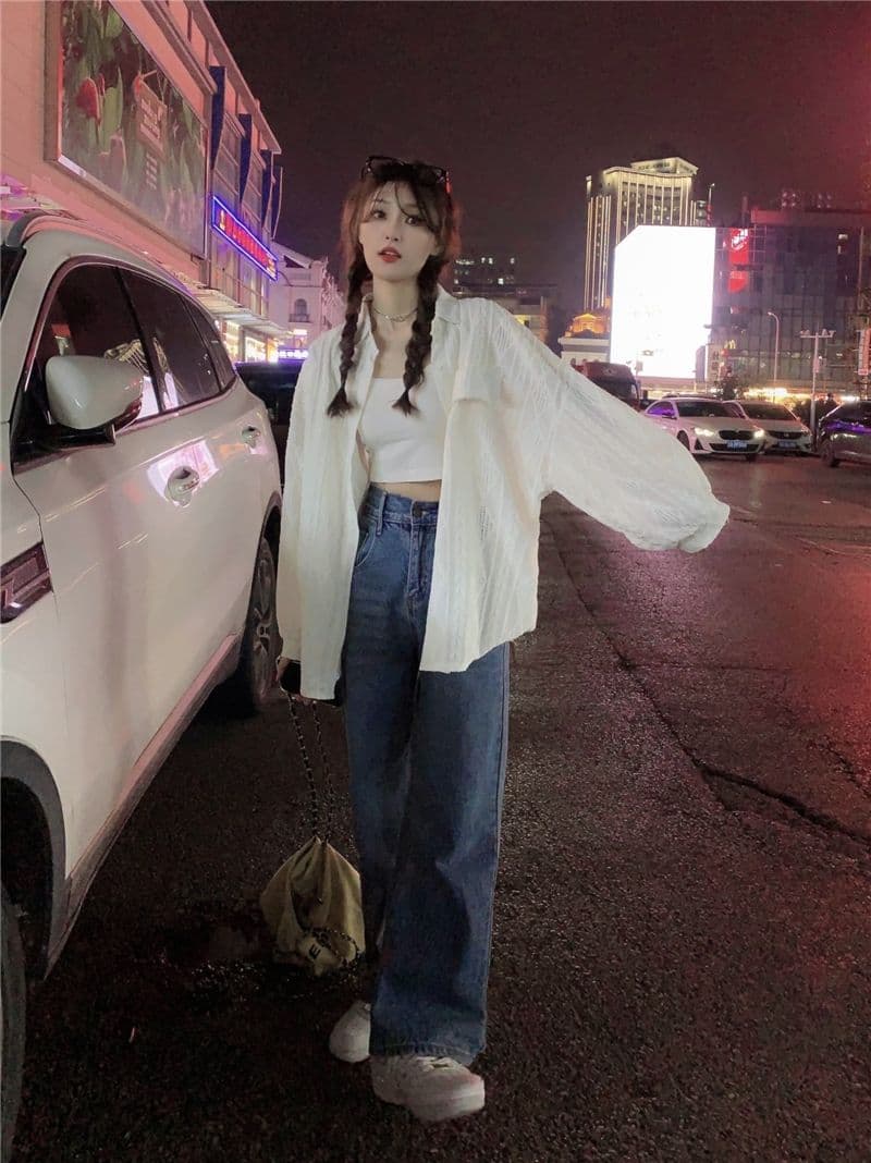 원본 품질 태양 보호 셔츠 여성 코트 봄 가을 새로운 홀로우 아웃 디자인 센스 루즈핏 중간 길이 셔츠 트렌디 의류 상세 이미지 19