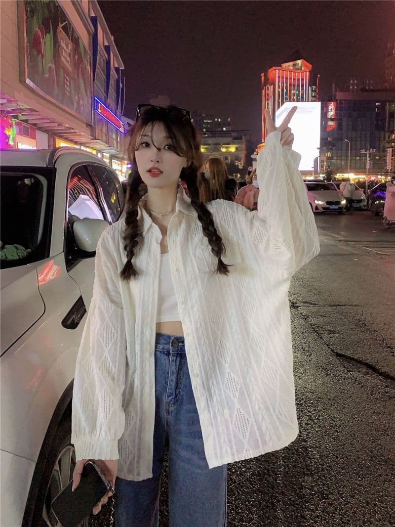 원본 품질 태양 보호 셔츠 여성 코트 봄 가을 새로운 홀로우 아웃 디자인 센스 루즈핏 중간 길이 셔츠 트렌디 의류 상세 이미지 21