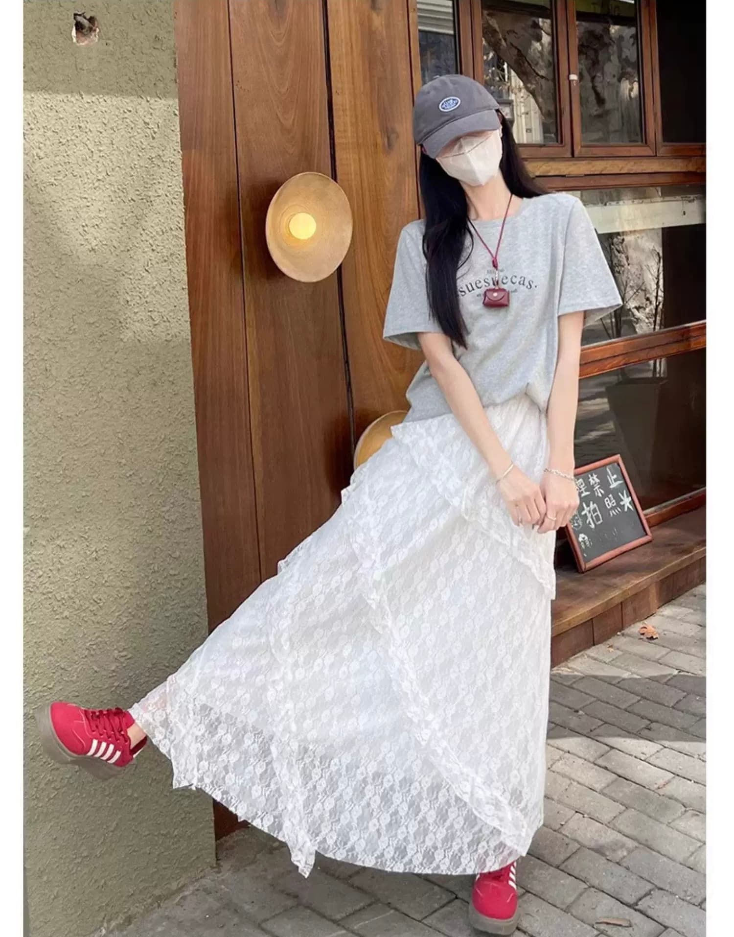 레트로 패치워크 사선 무늬 레이스 반신 스커트 여성 이른 봄 화이트 허리밴드 슬림해 보이는 망사 한 마디 롱 스커트 케이크 드레스 이미지 3