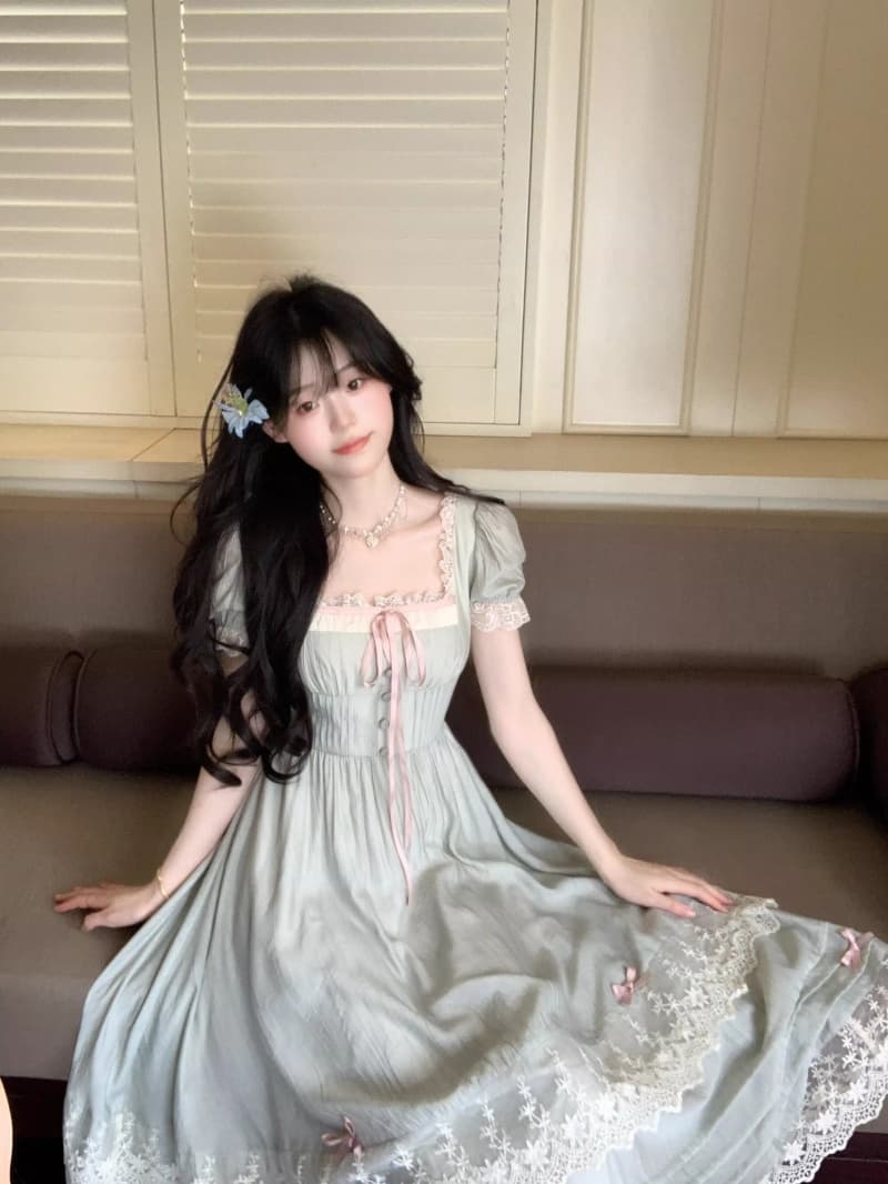 품격 광장 칼라 주름 계층의 감각 부드러운 바람 슬림해 보이는 드레스 공주 롱 스커트 신선함 우아한 부드러운 관대 한 치마 상세 이미지 8