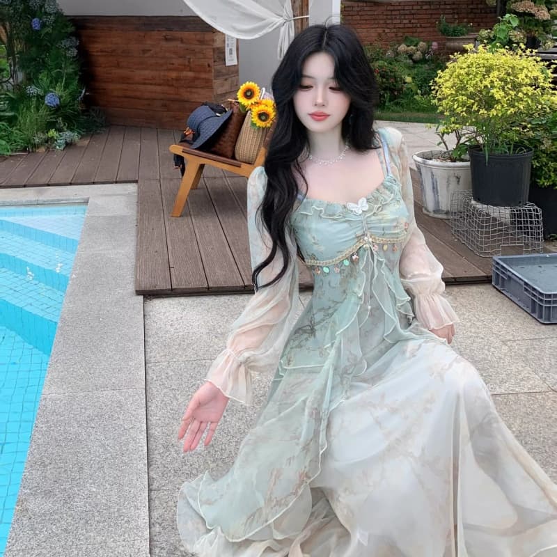 프랑스식 차 휴식 순수한 욕망 바람 공주 롱 스커트 순수한 욕망 요정 가스 회색 헤일로 염색 프릴 흐릿한 미적 감각 여성 드레스 상세 이미지 11
