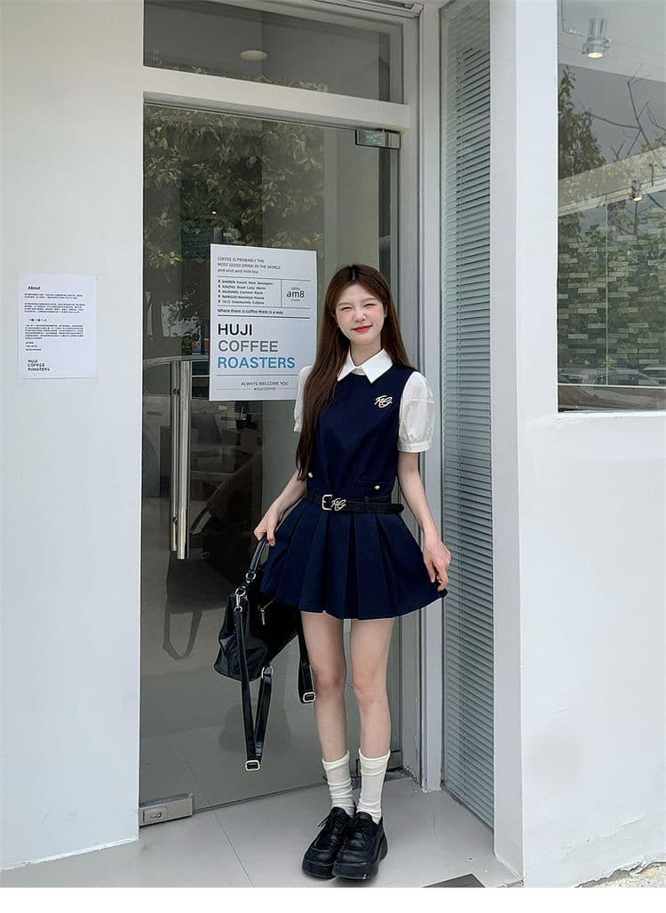 학원 스타일 조끼 원피스 아이들 로드 중 여름 2026 새로운 폭발 작은 키 착용 가져 가라. 유니폼 세트 미니 스커트 이미지 2