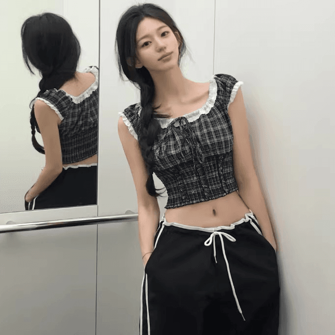 한국 chic 여름 연령 감소 레트로 작은 대중 디자인 센스 품격 패션 펌프 로프 네클라인 몸매 가꾸기 반팔 여성 셔츠 이미지 3