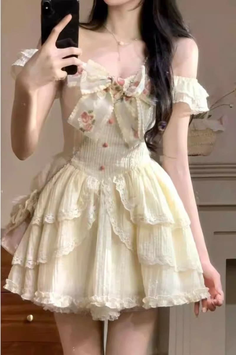 순수한 욕망 소녀 바람 미니 스커트 여성 여름 허리 수축 슬림해 보이는 연령 감소 레이스 조각 무거운 작업 작은 날다 소매 공주 드레스 이미지 6