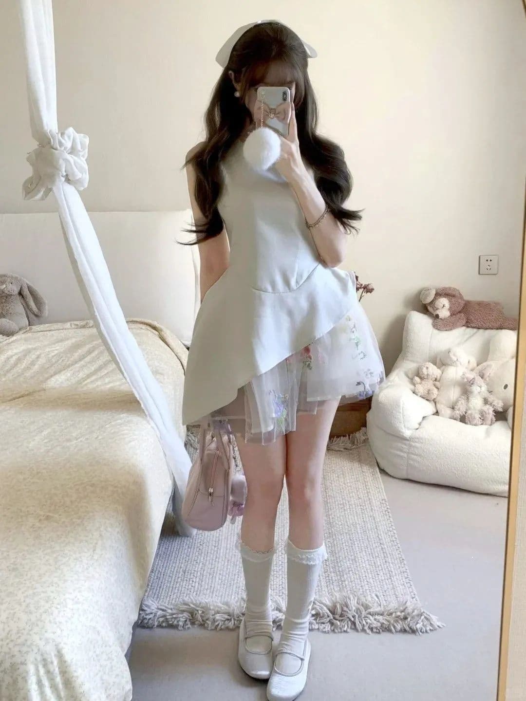 프랑스식 달콤함 패션 품격 불규칙 레이스 조각 조끼 여성 드레스 여름 허리 수축 퍼프 짧은 치마 상세 이미지 4