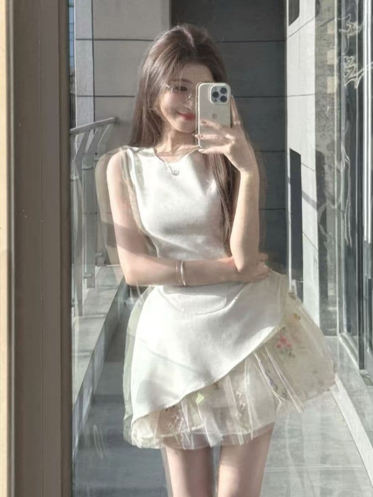 프랑스식 달콤함 패션 품격 불규칙 레이스 조각 조끼 여성 드레스 여름 허리 수축 퍼프 짧은 치마 상세 이미지 6